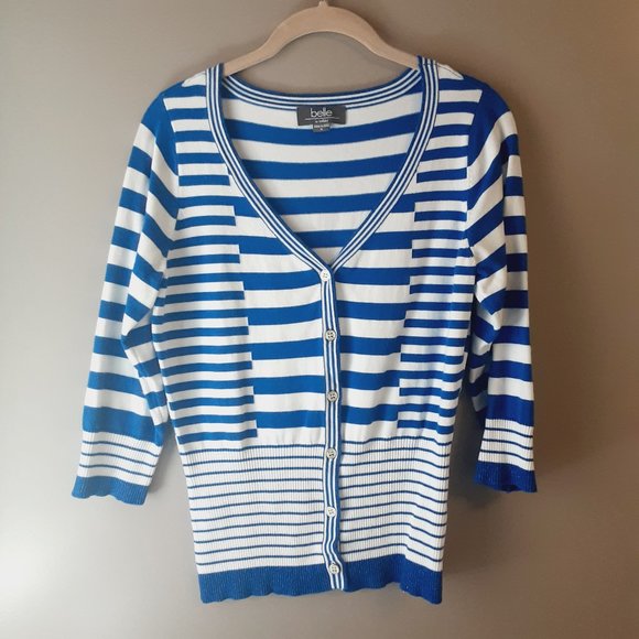 Belldini Sweaters - Belldini Striped Cardigan, V-neck, 3/4 Sleeve, Royal Blue & White | Medium